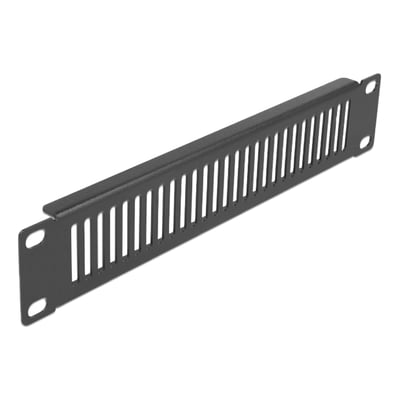 DeLock 10" 1U netværkskabinet panel i sort metal med ventilationsåbninger og monteringshuller.
