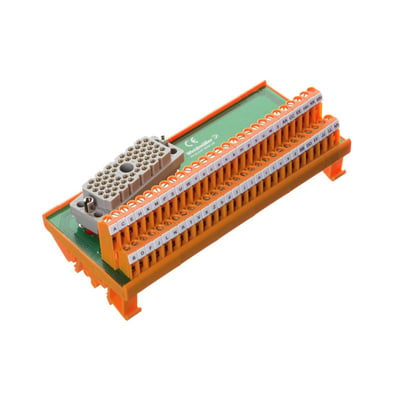 Weidmüller LP2N-interface modul med orange terminalrækker og gråt 56-polet ELCO-hunstik, set skråt ovenfra.