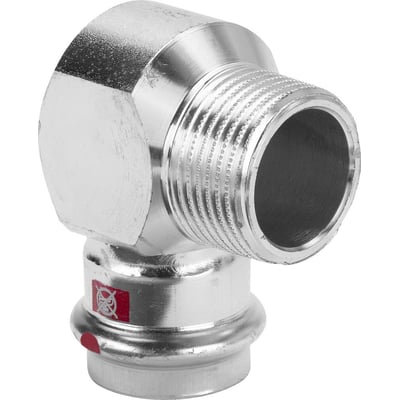 Detaljeret billede af Viega Prestabo 90° vinkel, der viser 18mm presfitting, forzinket stål og 1/2" gevind med EPDM O-ring.