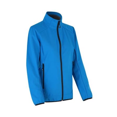 ID Identity damesoftshelljakke i azurblå, størrelse XL, med opdateret pasform og tre-lags ID Tech® materiale på hvid baggrund.