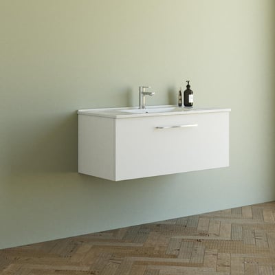 Detaljebillede af Dansani Mido møbelpakke vist fra siden, med fokus på den 101 cm brede, hvide skuffe og vaskens design.