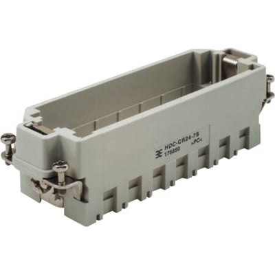 Weidmüller HDC industristik ramme størrelse 8 med plads til 7 moduler, fremstillet af lys grå plast med metalclips.