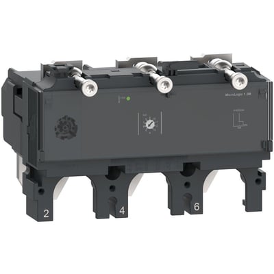 Schneider Electric Micrologic 1.3M relæ med tre poler og 500A mærkestrøm. Synlige indstillinger for kortslutningsbeskyttelse og driftsklar LED.