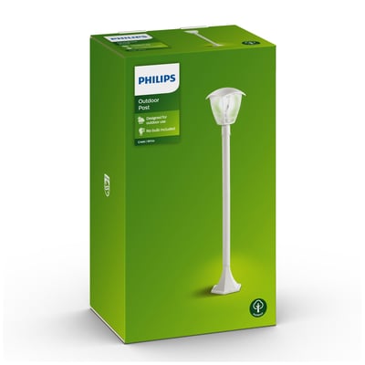 Philips Creek udendørs pullertlampe i hvid aluminium med E27 fatning, vist på sin grønne produktæske.