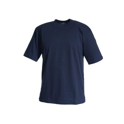 Bagfra-visning af Tranemo Workwear FR T-shirt 590789 i marineblå, model XS, fremhæver pasformen og single jersey materialet.