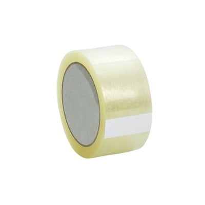 Rulle med klar Roliba pakketape i PP AC, 38 mm bred og 66 meter lang, med den gennemsigtige tape synlig.