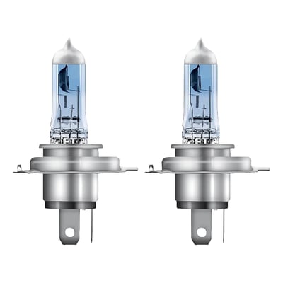 To H4 Cool Blue Intense billygter med 60/55W, 12V og P43T sokkel, der giver op til 5.000 Kelvin.