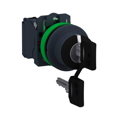 Schneider Electric nøglegreb flush komplet med 3 positioner og Ronis 455 nøgle, vist med 2xNO kontaktelementer påsat.