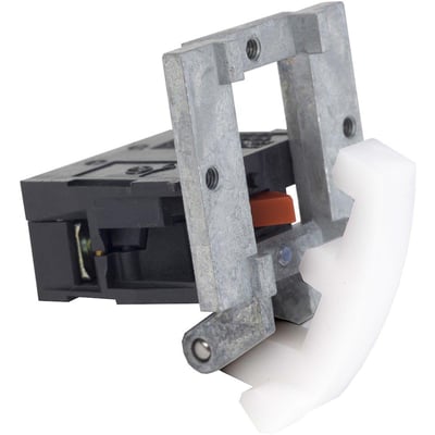 Schneider Electric kontaktelement XACS104 med 2NC kontakter, med metalramme til bundmontage og hvid plastikdel.