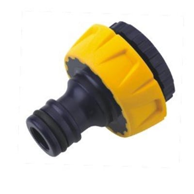 Ironside hanekobling med indvendigt 1/2" eller 3/4" gevind, set skråt med gul grebsdel og sort tilslutning.