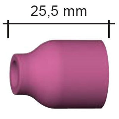 Dimensioner på Abicor Binzel gaskop: 25,5 mm længde og 9,5 mm diameter, vist i en pink keramisk farve.