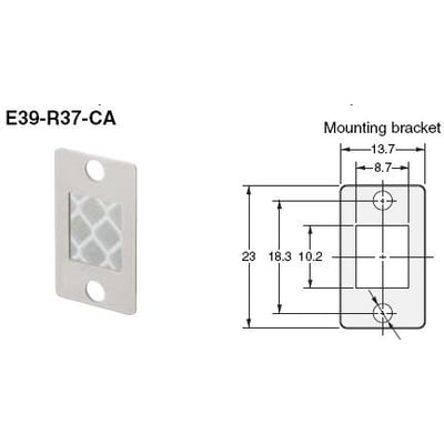 Omron sensorreflektor E39-R37-CA, 14mm x 23mm, høj præcisionstype med monteringshuller og reflekterende mønster, vist med tekniske dimensionstegninger.