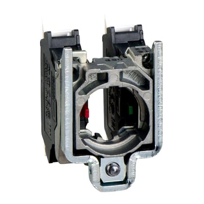 Set bagfra: Schneider Electric ZB4BZ1055 kontaktelement med 1NO-1NC og fjederklemmer i metal og sort plast, klar til montering på knap.
