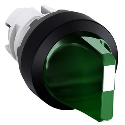 ABB drejegreb med 3 positioner i grøn farve, designet til ø 22mm montering. Hvid bagmontering og sort ring.