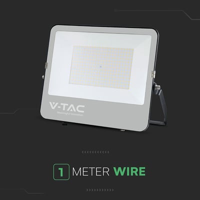 V-TAC 200W LED projektør i grå, med tydelig V-TAC logo og 1 meter ledning fremhævet.