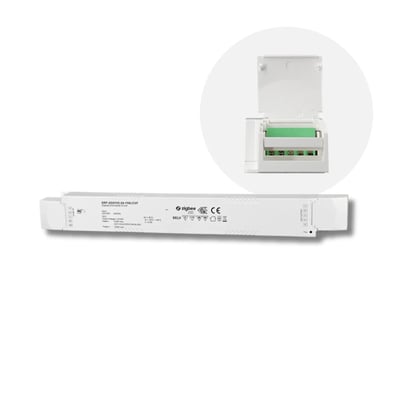 Hvid Envilar LED-driver på 24 V med Zigbee-styring til enkeltfarvede LED-strips; terminaldækslet ses åbent.