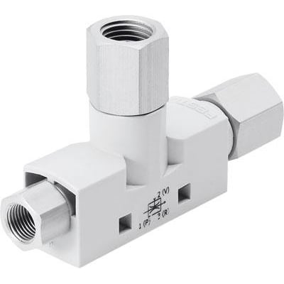 Festo vakuumejektor VN-05-H-T2-PI2-VI2-RI2 i hvidt og gråt metal, T-formet med nipler og symboler trykt på siden.