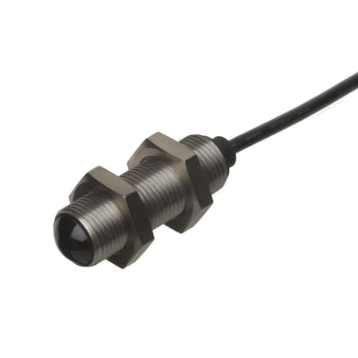 Carlo Gavazzi fotoaftaster M12, modtager kode 3 med gevindhus, mørk frontlinse og sort kabel.