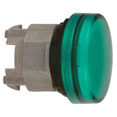 Schneider Electric Harmony Style 4 signallampehoved, grøn linse og grå metalmonteringsdel. Enkel og robust konstruktion.