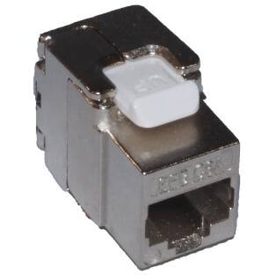 Kat 6A FTP Keystone konnektor med tool-less design og en skinnende krom finish, der viser den kompakte og solide konstruktion.