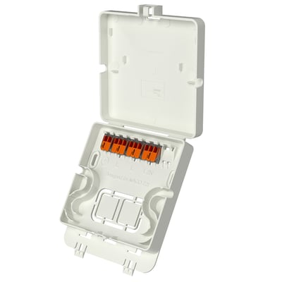 Åben tilslutningsboks til Ebeco Wallflex varmepanelet med WAGO 221 klemmer til nem installation af 230V ledninger.