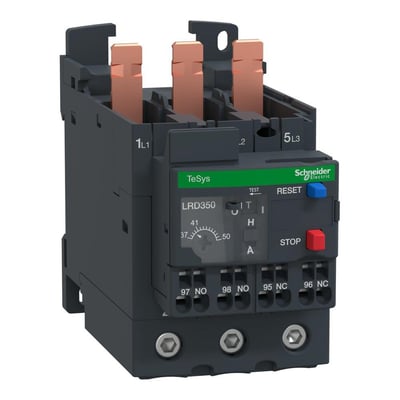 Schneider Electric TeSys D termorelæ LRD350, justerbar fra 37-50A, klasse 10A, med reset og stop knap, set fra fronten.