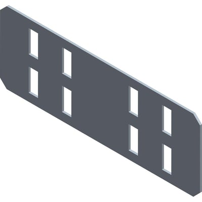 Isometrisk visning af Lauritz Knudsen samlebeslag til gitterbakker, 150 mm langt og 60 mm højt i Zinc+ stål.