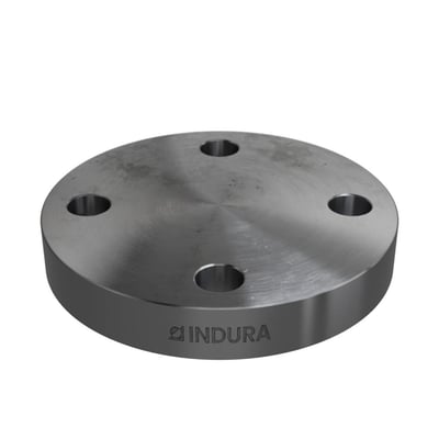 Indura blindflange i P250GH stål med 4 bolthuller, PN40, DN25 og 115 mm diameter, vist fra siden med logo.