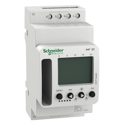 Schneider Electric digitalt kontaktur, IHP 2C, med knapper og display. Nærbillede af betjeningspanelet og skrueterminaler på siden.
