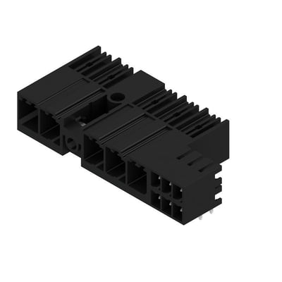 Weidmüllers sorte 5-polede hybridconnector til printkort, 7,62 mm og 90° afgang, set skråt med åbningerne synlige.