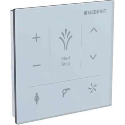 Detalje af Geberit AquaClean vægkontrolpanel, hvidt glas med tydelige betjeningsikoner og Geberit logo.