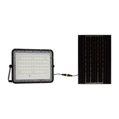 V-TAC 120W LED solar projektør og separat solpanel forbundet med 3 meter kabel, vist på hvid baggrund.