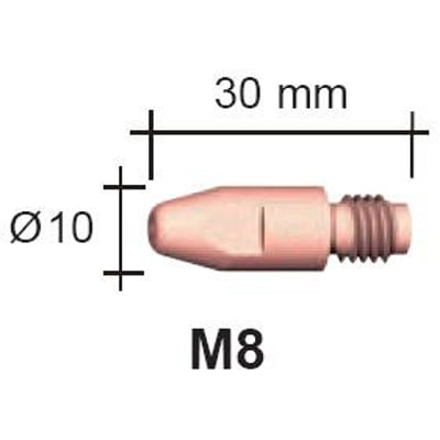 Målskitse af Abicor Binzel kontaktdyse: 30mm længde, 10mm diameter, M8 gevind og 1,2mm tråddimension.