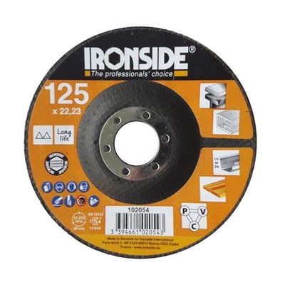 Ironside grov polerrondel, 125 x 22 mm, med mørk rund skive, orange mærkning og centralt hul.