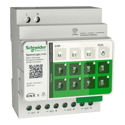 Schneider Electric SpaceLogic KNX DALI broadcast master med fire kanaler, set skråt forfra med betjeningsfelter og klemmer.