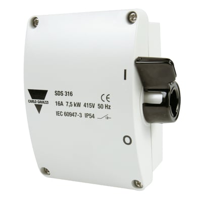 Carlo Gavazzi SDS316 sikkerhedsafbryder i grå og sort med 16A, 3P+N+J og IP54, klar til udendørs brug.