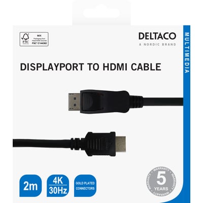 Emballagen til Deltaco DisplayPort til HDMI-kabel i sort, 2 meter, med stik og oplysninger om 4K ved 30 Hz.