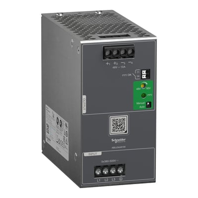 Schneider Electric Modicon ABLU strømforsyning med 48V, 10A udgang og 380-500V AC indgang, vist med frontpanel og terminaler.