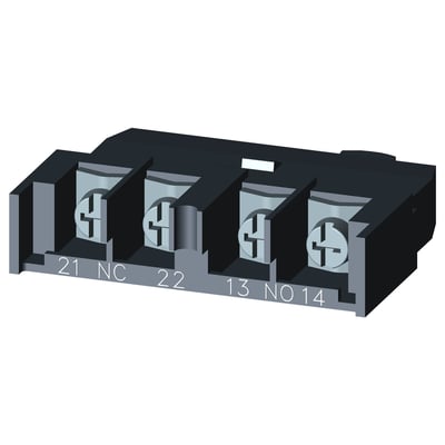 Siemens hjælpekontakt 1NO+1NC med nummerering 21 NC, 22, 13 NO, 14 monteret på sort plast med skruehoveder synlige.