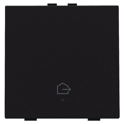Niko 'Forlad Hjem' tryk i mørk brun farve med symbol for hjem og hus, og en lille LED-indikator.