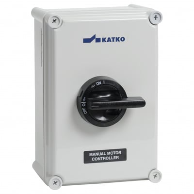 Katko 4-polet reparationsafbryder, 125A, AC23, set fra siden med aflåseligt håndtag og sort "MANUAL MOTOR CONTROLLER" mærkat.