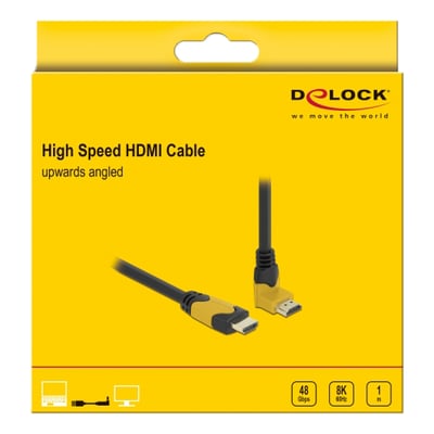 DeLock High Speed HDMI kabel med 90 graders opadgående vinkel, 1 meter langt og sort, vist på gul emballage med tekniske specifikationer.