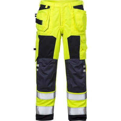 Kansas Fristads Flamestat Hi-Vis bukser kl.2 2075 i gul og marineblå med CORDURA-forstærkede knæ og reflekterende detaljer.