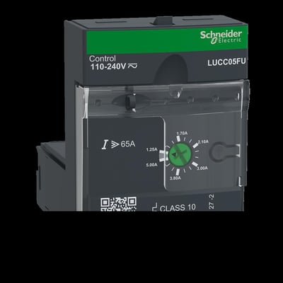Schneider Electric TeSys LUCC05FU strømmodul med 110-240V kontrolspænding, indstillelig 1,25-5A og CLASS 10 mærkning.