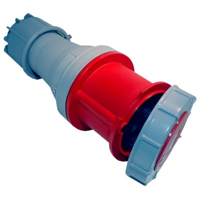 PC Electric CEE forlængerled, 63A, 5P, 400V i rød og grå med IP44 kapsling på hvid baggrund.