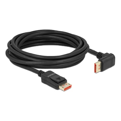 Sort Delock DisplayPort-kabel på 5 meter med hanstik i begge ender og et 90° opadvinklet stik, DP 1.4.