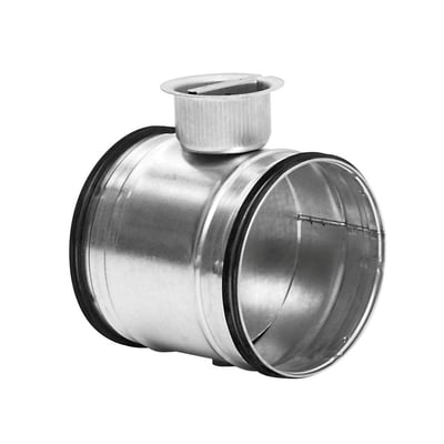 Lindab Afspærringsspjæld Safe DSU 63, 63mm diameter galvaniseret stål med sorte gummitætninger, vist fra siden med lukkede ventiler.