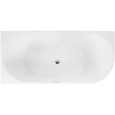 Oversigtsbillede af et hvidt akryl badekar i Back To Wall design med krom pop-up bundventil og overløb, set ovenfra.