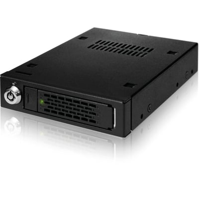Sort ICY DOCK MB991SK-B internt kabinet til én 2,5-tommers SSD eller SATA-harddisk, set skråt forfra.