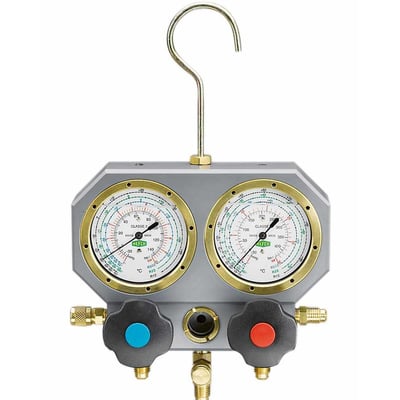 Refco MK-2-3-M-407C 2-vejs analogt manifold med to runde manometre, blå og rød drejeknap samt ophængskrog.